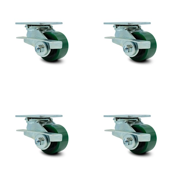 3.25 Inch Green Poly on Cast Iron Swivel Caster Set with Ball Bearing and Brakes